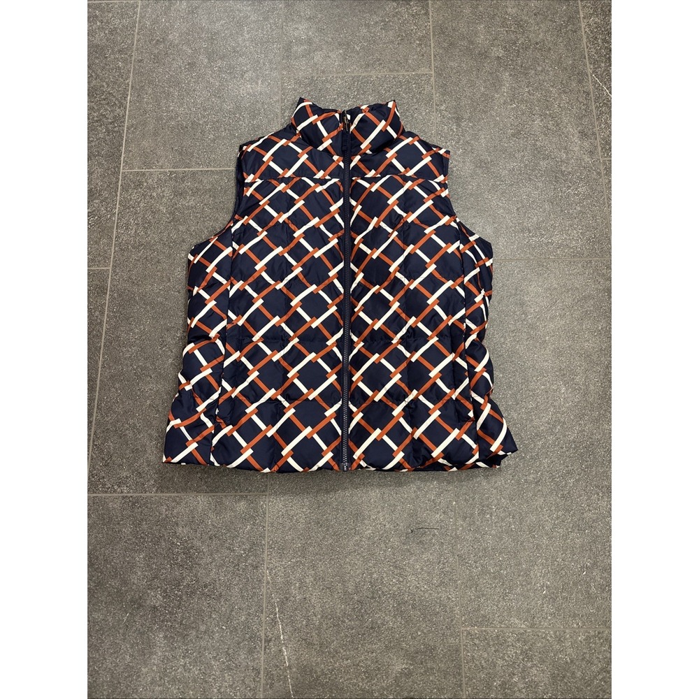 Lands' End Womens Puffer Down Vest Size L/P Navy Blue Rust/White Geometric EUC